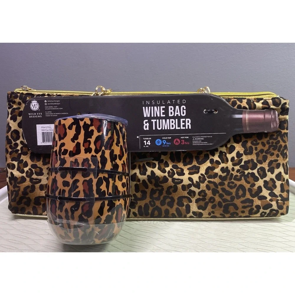 WILD EYE DESIGNS LEOPARD INSULATED WINE BAG W/MATCHING WINE CUP NWT